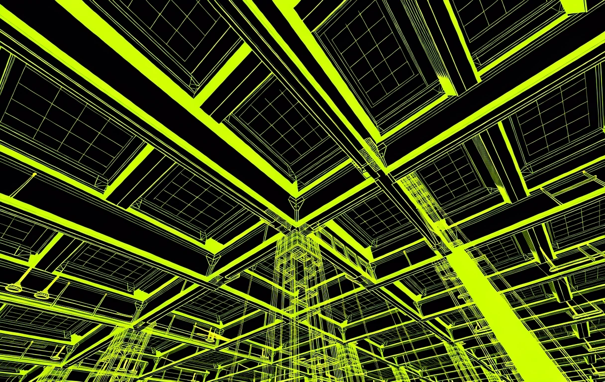 Digital infrastructure schematic overlaying modern architecture